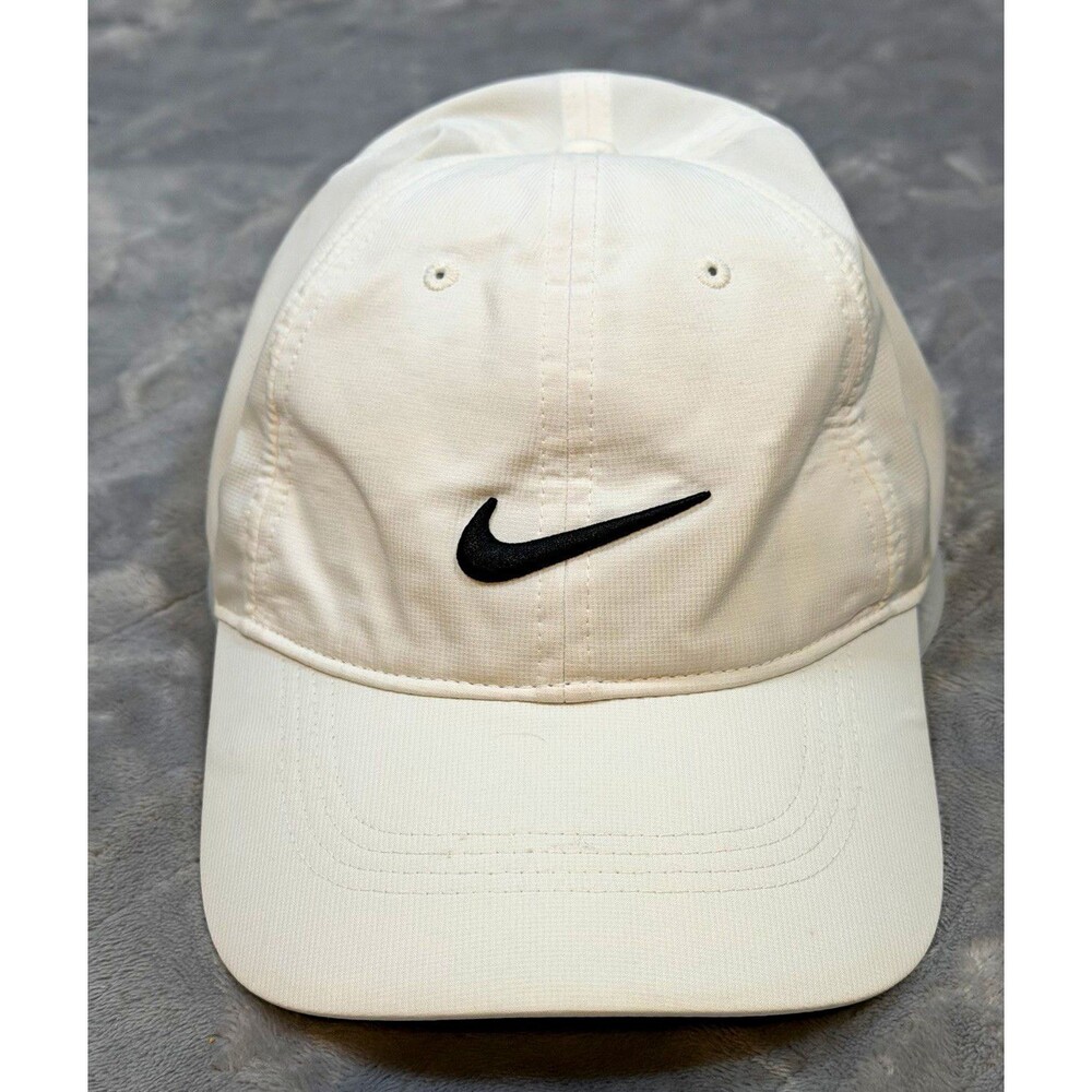 Nike Golf White Adjustable Polyester Golf Hat Cap Solid Black Swoosh Logo